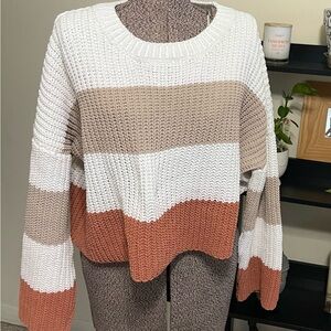 moon & madison Striped Knit Sweater - White, Tan, and Brown